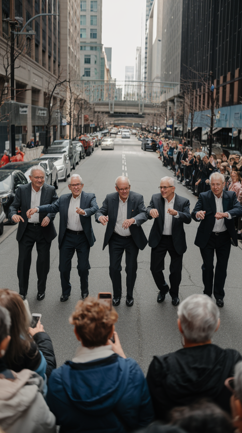 Five ordinary-looking men step forward, and the crowd scoffs,