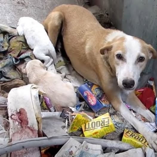 Bleeding and in Pain, Mama Dog Fights On to Protect Her Pups in a Trash-Filled Den