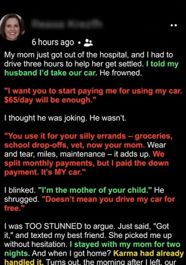 When My Husband Charged Me to Use “His” Car — Like I Was Just a Tenant