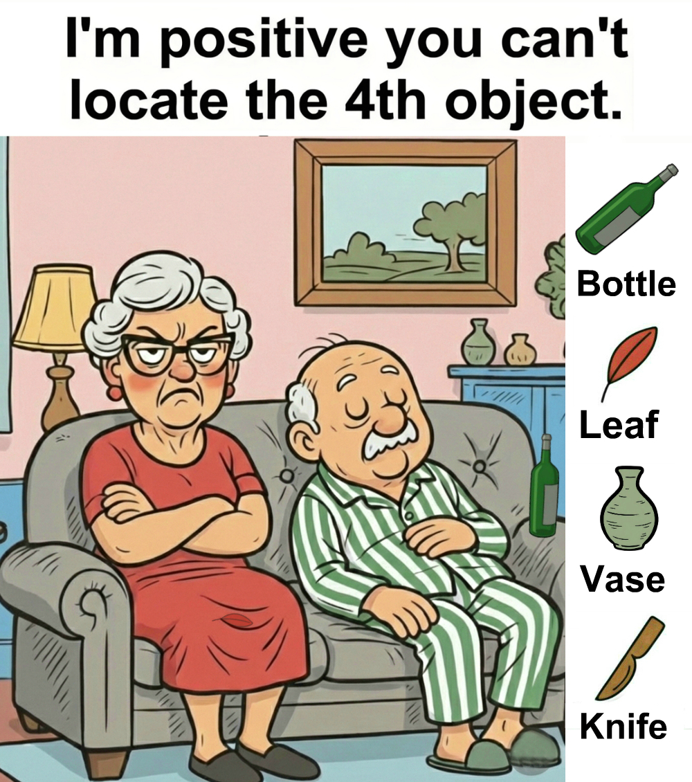 Find Bottle, Leaf, Vase, Knife.