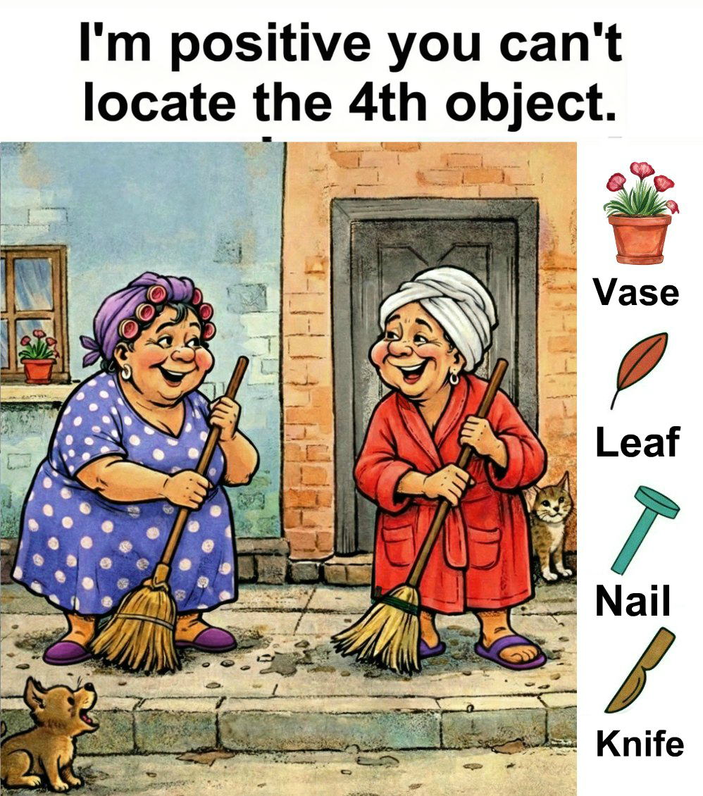 Find Vase, Leaf, Nail, Knife.